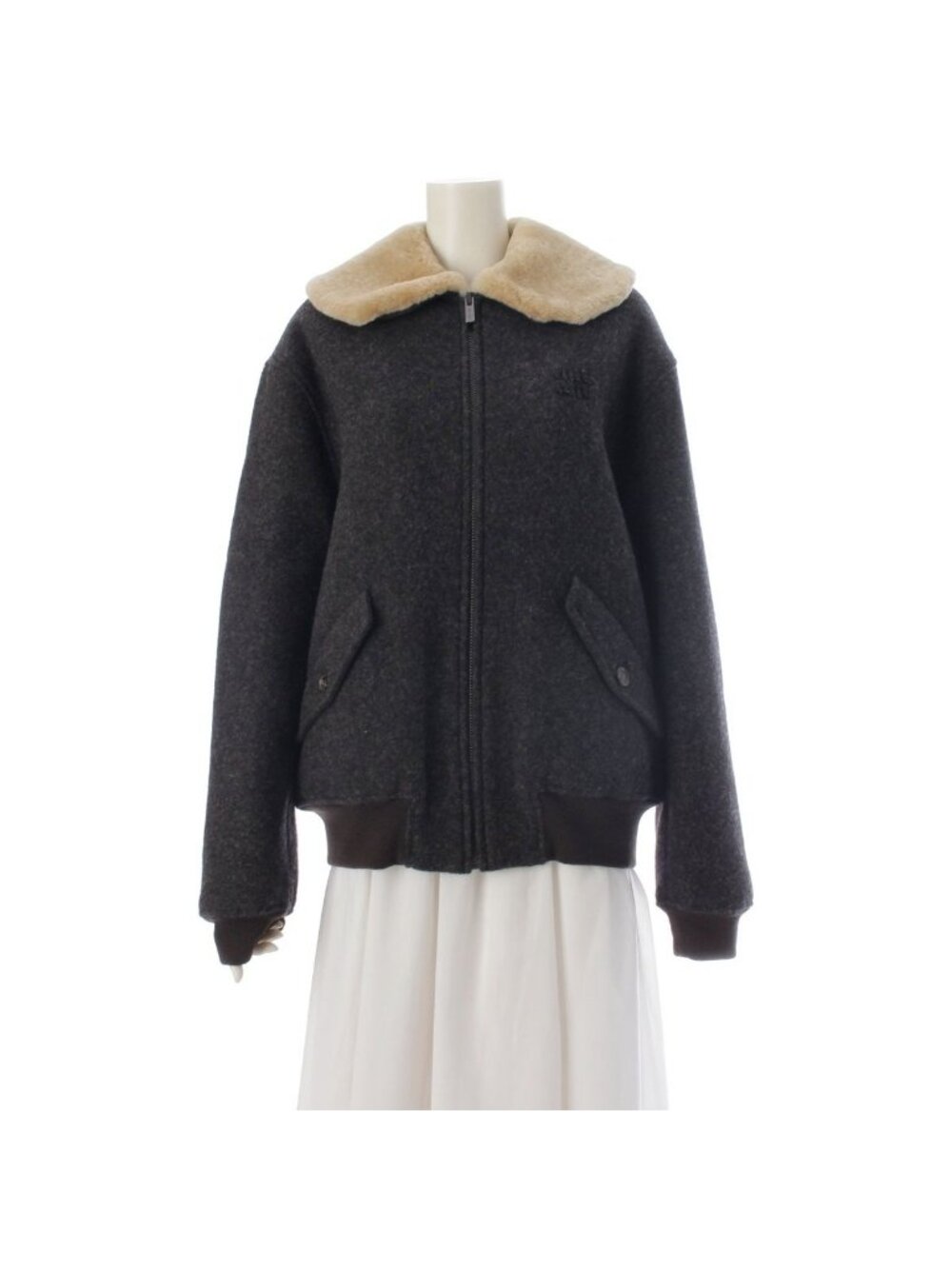 Miu Miu Shetland Padded Jacket Wool Zip Up Gray 38